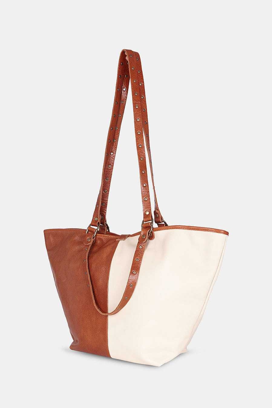 Micuirstore Bolsos Grandes | Capazo Bicolor Crema Y Cuero