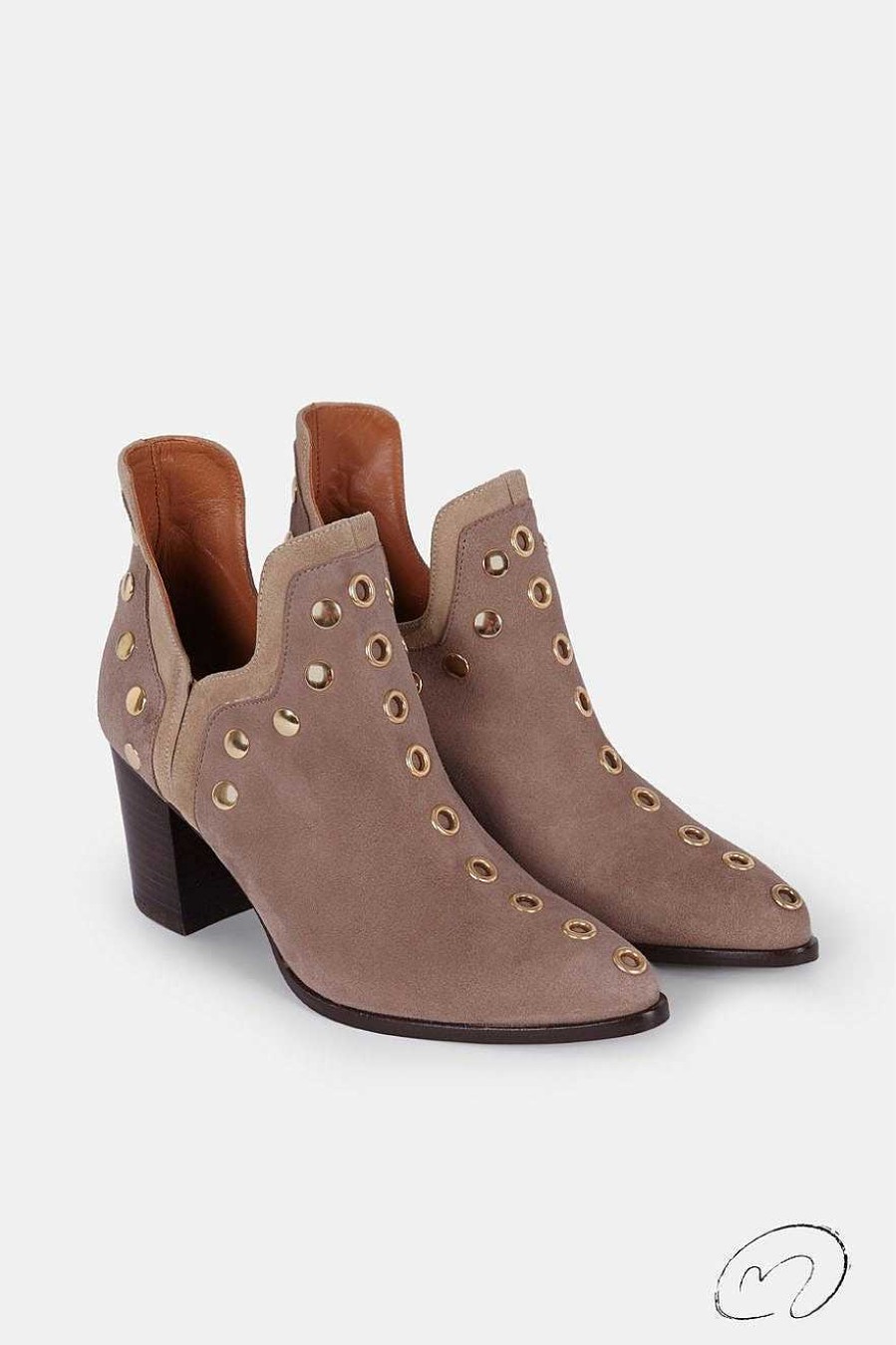 Micuir Punky Boots | Punky Boots Ante Beige Con Tacon Tachas Oro 7Cm