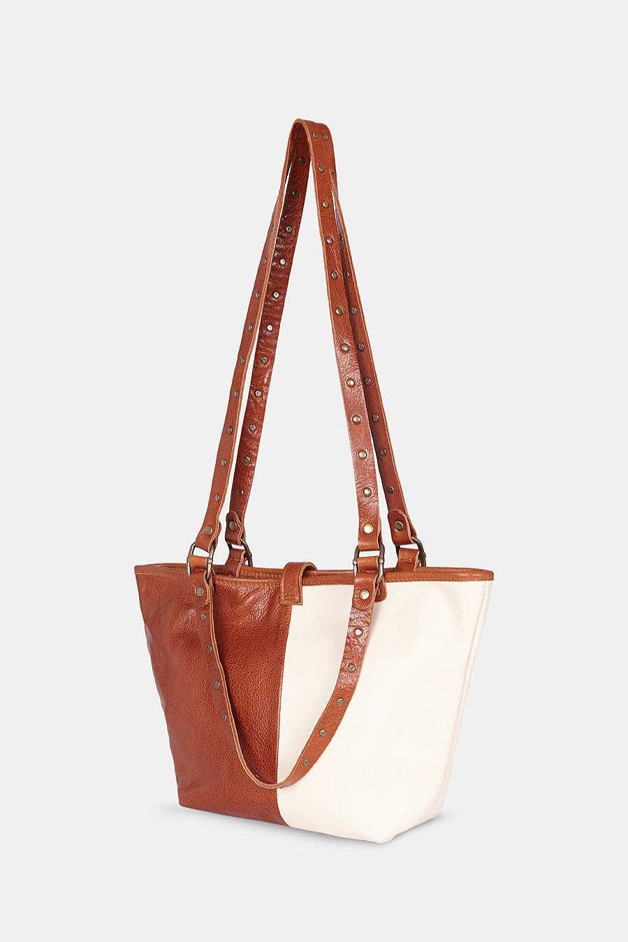 Micuirstore Bolsos Medianos | Capazo Pequeno Bicolor Crema Y Cuero